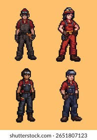 Pixel Art Industrial Workers Craftsmen Characters Collection. versatile collection of four distinct pixel art characters representing industrial workers, mechanics, and craftsmen in pixel art style