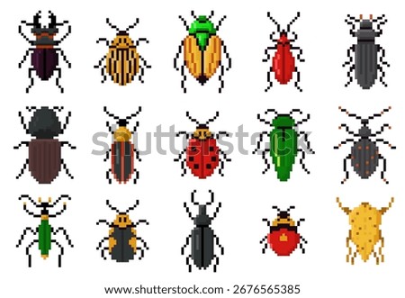 Pixel art insects. Retro 8 bit pixelated beetles, digital ladybugs, colorful beetle and bugs icons. Old school video game insect isolated vector illustration set.
