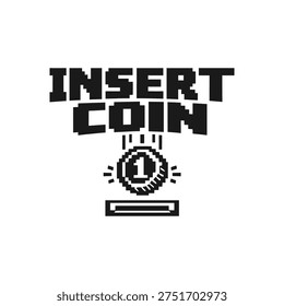Pixel art insert coin graphic with coin and slot machine
