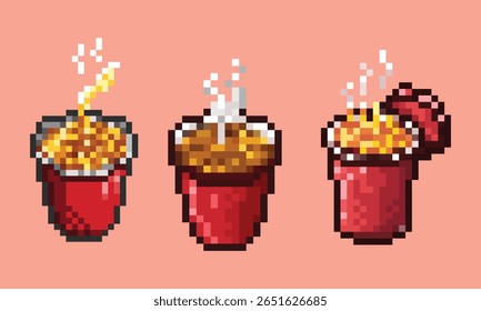 Pixel Art Instant Noodle Cup Set 8-bit Food Icons. A set of 8-bit style pixel art instant noodle cup icons. 