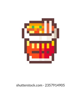 Pixel Art Instant Noodle. Retro 8 bit Asian Style Fast Food Ramen in a Cup Illustration. Ideal for Sticker, Retro Decorative Element, Game Asset, Emoji, Patch or Cute Geek Avatar.	