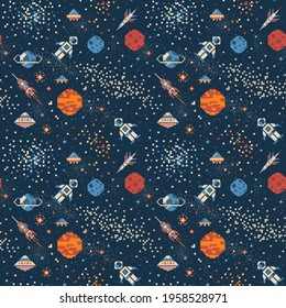 Pixel art intergalactic adventures seamless pattern. Space traveler, planets, UFO, spaceships and stars in outer space. 8 bit background design with astronaut in cosmos for fabric and prints.