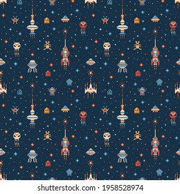 Pixel art intergalactic adventures seamless pattern. Space traveler, planets, UFO, spaceships and stars in outer space. 8 bit background design with astronaut in cosmos for fabric and prints.