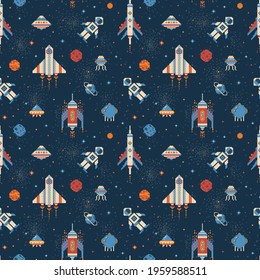 Pixel art intergalactic adventures seamless pattern. Space traveler, planets, UFO, spaceships and stars in outer space. 8 bit background design with astronaut in cosmos for fabric and prints.