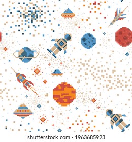 Pixel art intergalactic adventures seamless pattern. Space traveler, planets, UFO, spaceships and stars in outer space. 8 bit background design with astronaut in cosmos for fabric and prints.