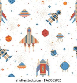 Pixel art intergalactic adventures seamless pattern. Space traveler, planets, UFO, spaceships and stars in outer space. 8 bit background design with astronaut in cosmos for fabric and prints.