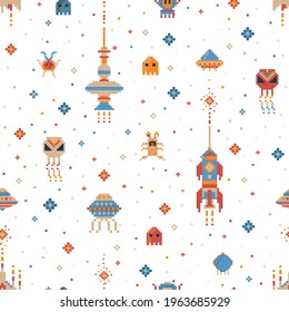 Pixel art intergalactic adventures seamless pattern. Space traveler, planets, UFO, spaceships and stars in outer space. 8 bit background design with astronaut in cosmos for fabric and prints.