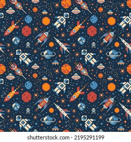 Pixel art intergalactic adventures seamless pattern. Space traveler, planets, UFO, spaceships and stars in outer space. 8 bit background design with astronaut in cosmos for fabric and prints.