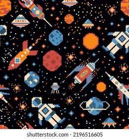 Pixel art intergalactic adventures seamless pattern. Space traveler, planets, UFO, spaceships and stars in outer space. 8 bit background design with astronaut in cosmos for fabric and prints.