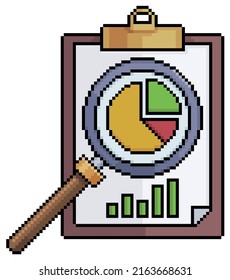 Pixel art investment analysis with magnifying glass and clipboard vector icon for 8bit game on white background
