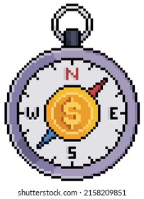 Pixel art investment direction. compass with coin vector icon for 8bit game on white background
 