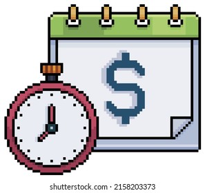 Pixel art investment duration. calendar and stopwatch vector icon for 8bit game on white background
