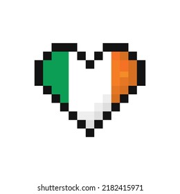 Pixel art Ireland flag in the shape of a heart. Vector illustration