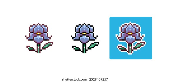 Pixel Art Iris Icon Ilustración vectorial. Etiqueta engomada aislada gráfica azul de la flor. Video Retro 8 Bit Iris para el juego, móvil, Web. Elemento floral de la Naturaleza de primavera. Activo de arte digital