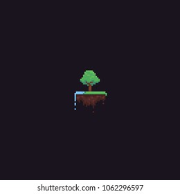 Pixel art island with grass, river and tree floating in the darkness