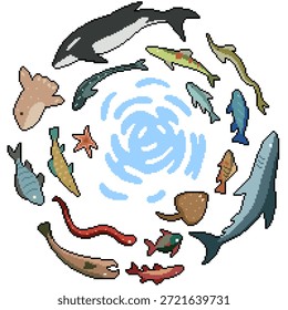 Pixel Art Fondo aislado de vida submarina del círculo de peces