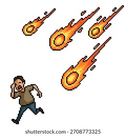 pixel art fundo isolado do homem fugir do meteoro