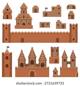 Pixel-Kunst, isolierter Hintergrund mittelalterlicher Architektur Schlossgebäude