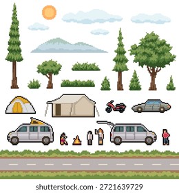 Pixel Art Fondo aislado de la naturaleza rural Picnic al aire libre conjunto
