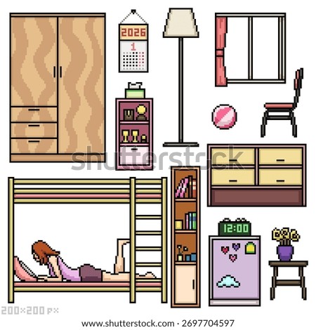 pixel art isolated background set of girl bedroom furniture decoration