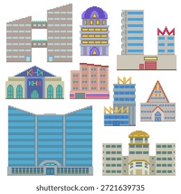 Pixel Art fondo aislado de edificio de rascacielos de arquitectura extraña
