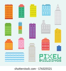 Pixel art isolated buildings vector set