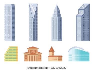 Pixel art isolated buildings vector set. Pixelated houses for games icons, high-rise office constructions. City downtown landscape elements with high skyscrapers, sports hall and government building