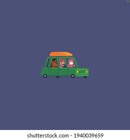 Pixel art isolated green car with happy people dog inside