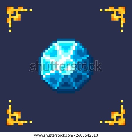 pixel art isolated icon blue diamond gem with gold frame for 2d rpg retro game