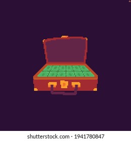 Pixel art isolated icon of opened leather suitcase full of cash