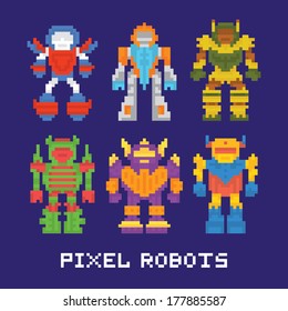 Pixel art isolated robots vector set
