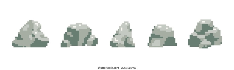 Pixel art isolated rocks. Vector 8 bit stone set.