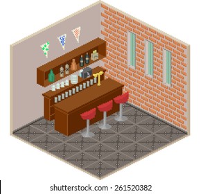 Pixel art isometric bar interior vector with red brick wall and wooden furniture