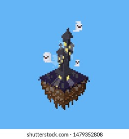 Pixel art isometric ghost castle on floating island .8bit.halloween