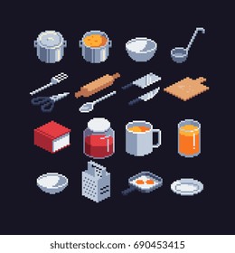 pixel art isometric kitchen tools icons set, vector illustration.