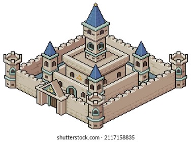 Pixel art isometric medieval castle vector icon for 8bit game on white background

