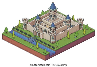 Pixel art isometric medieval castle vector icon for 8bit game on white background