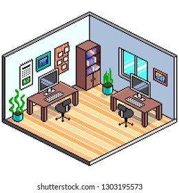 Pixel art isometric office detailed colorful vector illustration