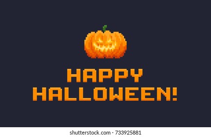 Pixel art Jack-o-Lantern pumpkin and Happy Halloween text