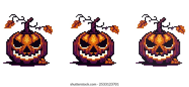 Eine Pixel Art Jack-o'-Laterne mit einem finsteren Grinsen leuchtenden Augen Herbstblätter und ein verdrehter Stamm schaffen eine unheimliche Halloween-Stimmung