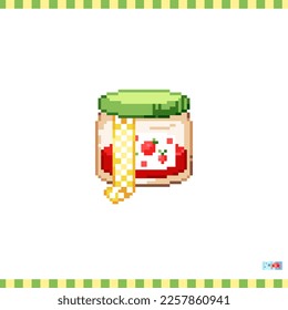 Pixel art jam jar icon. Vector 8 bit style illustration of sweet berries jam in a jar with lid. Cute decorative element of retro video game computer graphic for game asset, sprite, sticker or web.