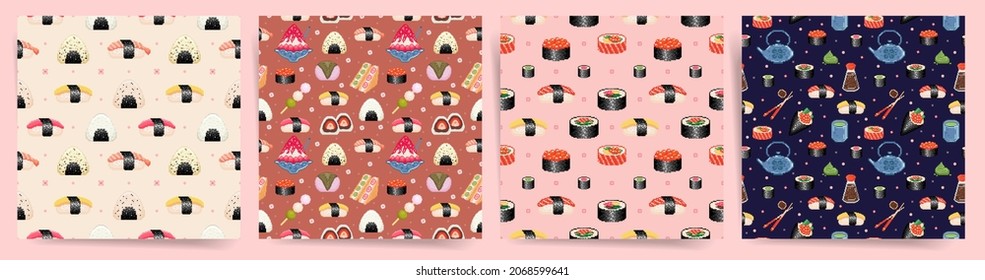 Pixel art japanese cuisine seamless patterns. Square repeat tile set with sushi, maki, roll, onigiri rice ball, japanese kettle, chopsticks, other japanese food. Vector tileable backgrounds collection