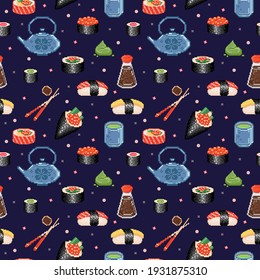 Pixel art japanese food seamless pattern. pixelated japanese cuisine endless background. pixel art sushi, chopsticks, wasabi, matcha, japanese food seamless ornament. Vector sushi seamless pattern.