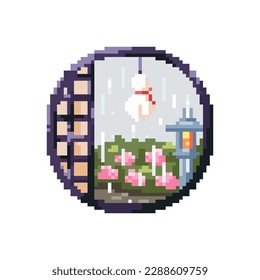 Pixel art japanese garden icon. Vector 8 bit style illustration of window view, flowers, rain. Decorative traditional element of retro video game graphic for game asset, sprite, sticker or web.