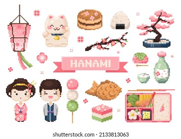 Pixel art japanese hanami spring blossom collection. Set of oriental 8 bit elements like sakura, lucky neko, cute desserts tayaki, mochi, dango, bento box. Vector retro set for game or live stream.