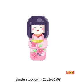 Pixel arte muñeca kokeshi japonesa. Icono de muñeca kimono geisha de 8 bits en estilo retro gamer. El arte de los píxeles es un ídolo lindo en el kimono floral para el juego, la impresión, la pegatina o el cosido cruzado. Ilustración de píxeles vectoriales.