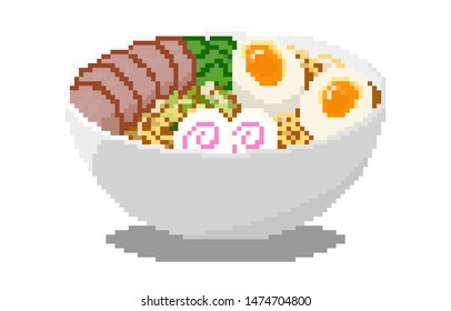 Pixel art japanese ramen soup with meat slice, egg, vegetable and naruto on white background vector illustration
 svg