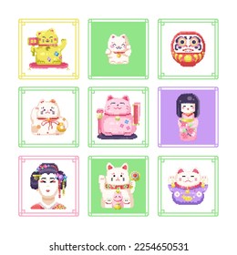Pixel art japanese spring festival print pattern or icons set. 8 bit pixel icons of geisha, manikin neko and daruma. Decorative retro square pattern for stickers, t-shirts, web banners.