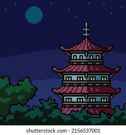 pixel art of japanese tower night