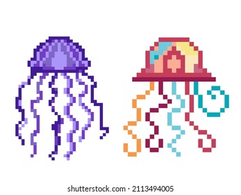 Pixel art jellyfish illustration. 8 bit medusa game sprite. Sea jelly fish icon.